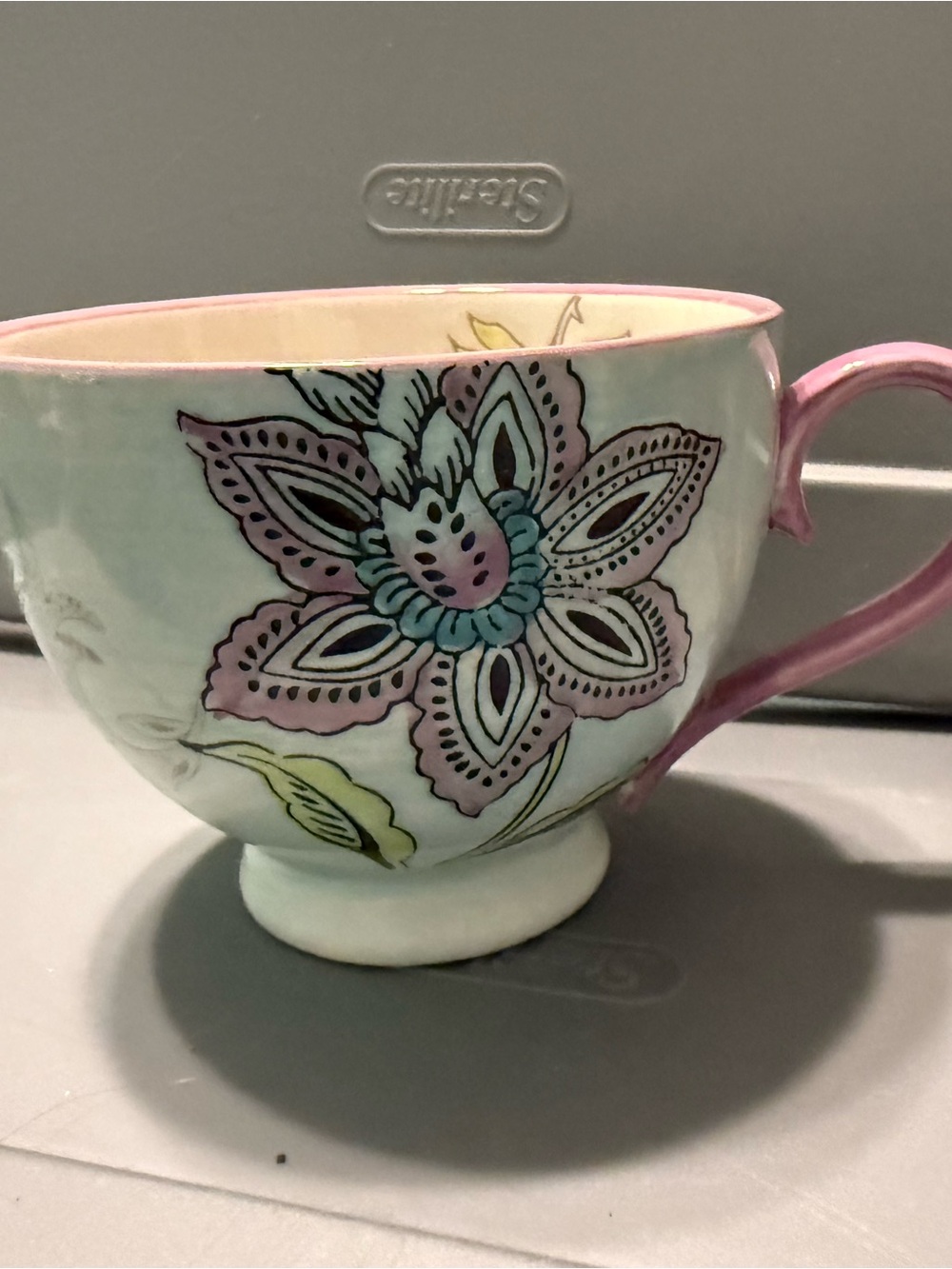 Floral Ceramic Teacup in Pink and Mint - Stylish Home Art Accent